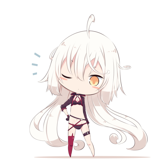 absurdly_long_hair ahoge asymmetrical_legwear bangs barefoot beni_shake bikini black_bikini black_gloves black_jacket chibi closed_mouth commentary_request eyebrows_visible_through_hair fate/grand_order fate_(series) full_body gloves hair_between_eyes hand_on_hip head_tilt jacket jeanne_d'arc_(alter_swimsuit_berserker) jeanne_d'arc_(fate)_(all) long_hair long_sleeves looking_at_viewer no_shoes notice_lines o-ring one_eye_closed orange_eyes red_legwear shrug_(clothing) silver_hair single_thighhigh solo standing swimsuit thighhighs very_long_hair white_background
