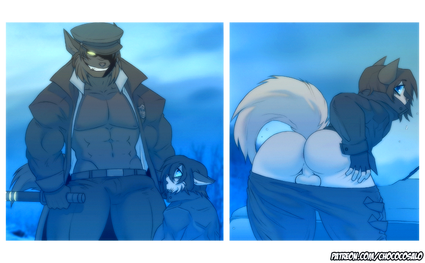 anthro backsack balls bulge butt canine chococosalo clothed clothing comic duo grin hat looking_back male male/male mammal muscular muscular_male open_jacket pants_down partially_clothed smile thick_thighs