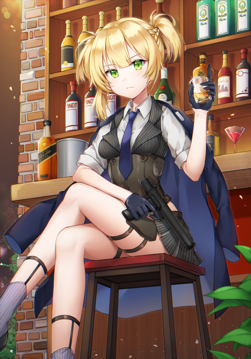 alcohol bangs black_footwear black_gloves black_jacket black_skirt black_vest blonde_hair blush bottle braid breasts brick_wall chromatic_aberration closed_mouth commission crossed_legs cup drink drinking_glass expressionless eyebrows_visible_through_hair feet_out_of_frame girls_frontline gloves green_eyes grey_legwear gun half_gloves hand_up head_tilt highres holding holding_cup holding_gun holding_weapon indoors jacket jacket_on_shoulders long_hair looking_at_viewer md5_mismatch medium_breasts object_namesake pinstripe_pattern pleated_skirt pong_(vndn124) product_placement shirt short_sleeves short_twintails sidelocks sitting skirt sock_garters socks solo stool striped striped_legwear suppressor trigger_discipline twintails underbust vertical-striped_legwear vertical-striped_skirt vertical-striped_vest vertical_stripes vest weapon welrod_mk2 welrod_mk2_(girls_frontline) whiskey white_shirt wine_glass