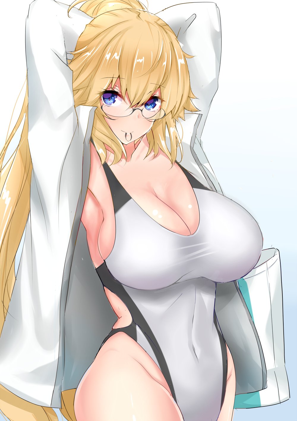 armpits arms_up bag blonde_hair blue_eyes breasts competition_swimsuit covered_navel cowboy_shot fate/grand_order fate_(series) highleg highleg_swimsuit highres jacket jeanne_d'arc_(fate)_(all) jeanne_d'arc_(swimsuit_archer) large_breasts long_hair looking_at_viewer mouth_hold one-piece_swimsuit ponytail rubber_band sankakusui simple_background solo swimsuit white_background white_jacket white_swimsuit