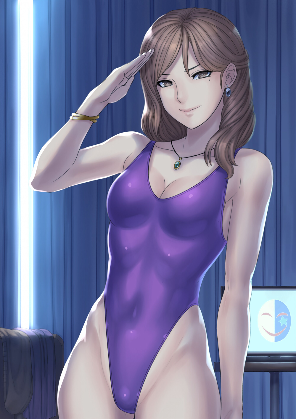 arm_at_side bangs bed bracelet breasts brown_eyes brown_hair cleavage closed_mouth collarbone commentary_request computer covered_navel curtains day earrings groin hai_(h81908190) hand_up highleg highleg_leotard highres hips indoors jewelry laptop leotard light_smile lipstick long_hair looking_at_viewer makeup mask mature medium_breasts mole mole_under_eye necklace original parted_bangs pendant pink_lipstick purple_leotard salute shade skin_tight smile smiley_face solo standing star sunlight table