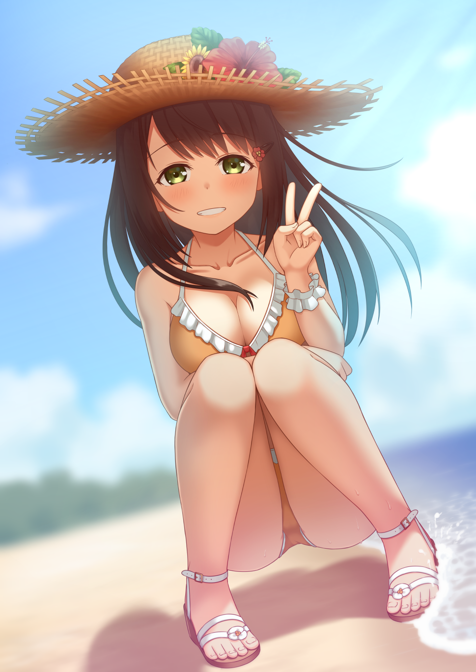 :d bangs bare_legs bare_shoulders beach bikini blurry blurry_background blush breasts cleavage collarbone day depth_of_field dutch_angle eyebrows_visible_through_hair feet flower frilled_bikini_top frills full_body green_eyes grin hair_ornament hairclip hat hat_flower hibiscus highres knees_together_feet_apart kurisu-kun large_breasts long_hair looking_at_viewer ocean open_mouth orange_bikini original outdoors red_flower sandals smile solo straw_hat sun_hat swimsuit toes v water white_footwear wrist_cuffs yellow_flower
