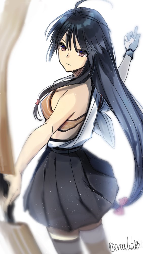 ahoge bandeau bare_shoulders black_hair black_skirt bow_(weapon) brown_eyes eyebrows_visible_through_hair from_side gloves hadanugi_dousa hair_ribbon holding holding_bow_(weapon) holding_weapon japanese_clothes kantai_collection long_hair low-tied_long_hair partly_fingerless_gloves pleated_skirt red_ribbon ribbon shouhou_(kantai_collection) simple_background skirt solo thighhighs twitter_username weapon white_background white_gloves yamashiki_(orca_buteo) yugake