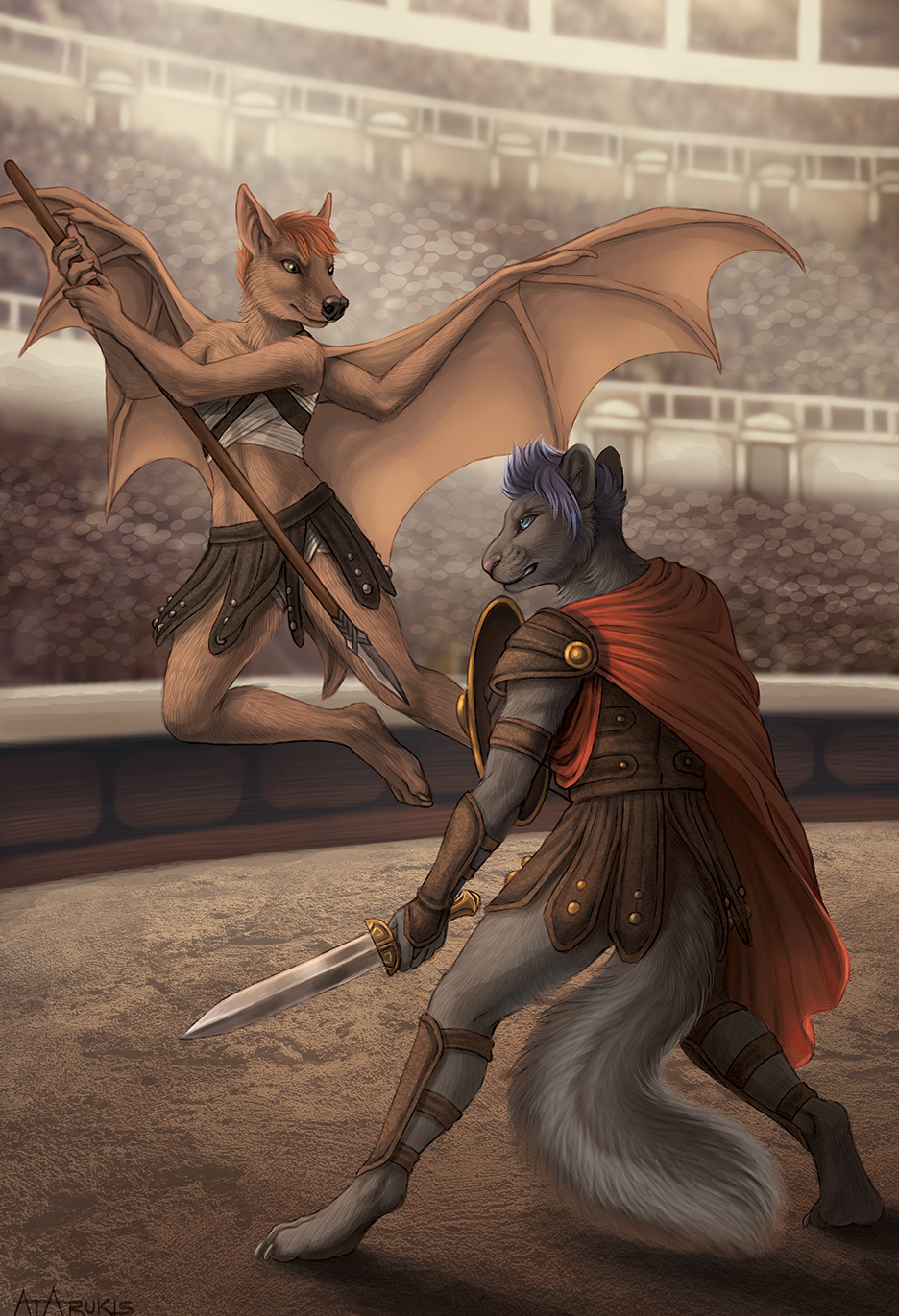 2018 anthro barefoot bat clothed clothing day detailed_background digital_media_(artwork) digitigrade duo hair holding_object holding_weapon male mammal melee_weapon membranous_wings outside polearm purple_hair rodent rukis spear squirrel sword weapon wings