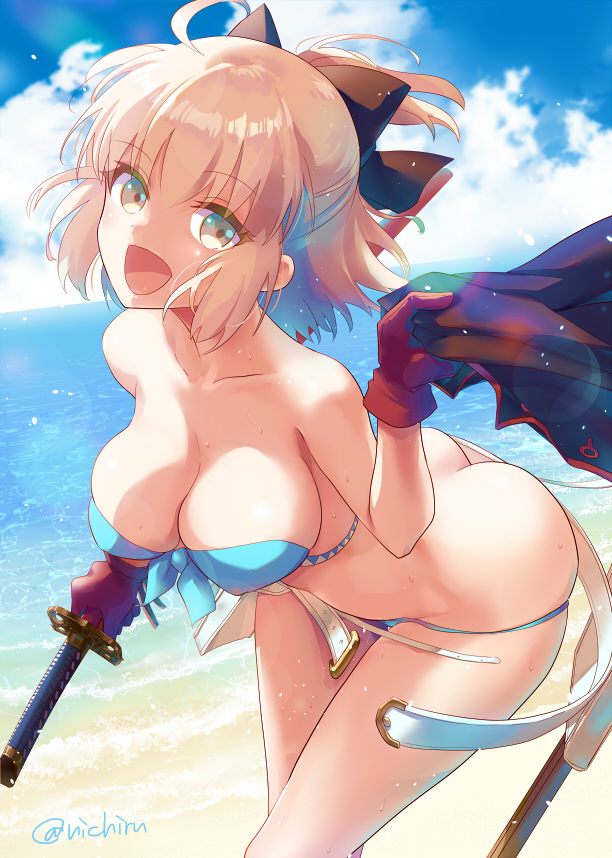 alternate_costume ass beach bent_over bikini black_ribbon blue_bikini bow breasts butt_crack cleavage collarbone commentary_request contemporary day eyebrows_visible_through_hair fate/grand_order fate_(series) hair_between_eyes hair_bow holding holding_weapon katana koha-ace medium_breasts nichiru off_shoulder okita_souji_(fate) okita_souji_(fate)_(all) open_mouth outdoors ribbon sheath shore short_hair short_ponytail solo stomach strapless strapless_bikini swimsuit sword thighs twitter_username wardrobe_malfunction weapon