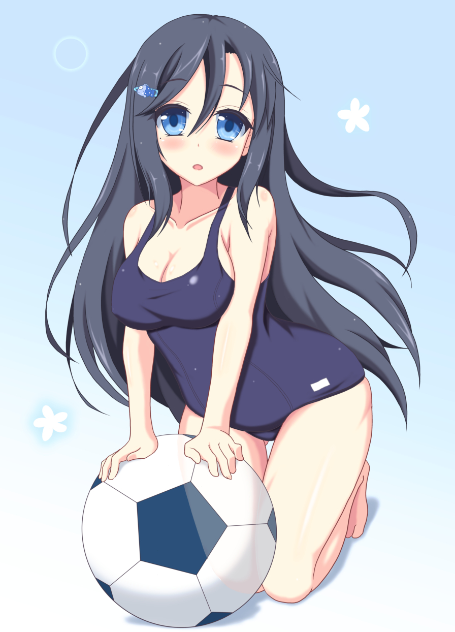 aizumi_urushi arm_support ass_visible_through_thighs ball bangs barefoot beachball black_hair blue_background blue_eyes blue_swimsuit blush breasts cleavage collarbone commentary_request eyebrows_visible_through_hair full_body gradient gradient_background hair_between_eyes hair_ornament hairclip highres hips kneeling leaning_forward legs_together long_hair looking_at_viewer medium_breasts mole mole_under_eye old_school_swimsuit one-piece_swimsuit open_mouth parted_bangs school_swimsuit sideboob sidelocks simple_background skindentation soccer_ball solo straight_hair surprised swimsuit takahiko taut_clothes thigh_gap venus_eleven_vivid! very_long_hair