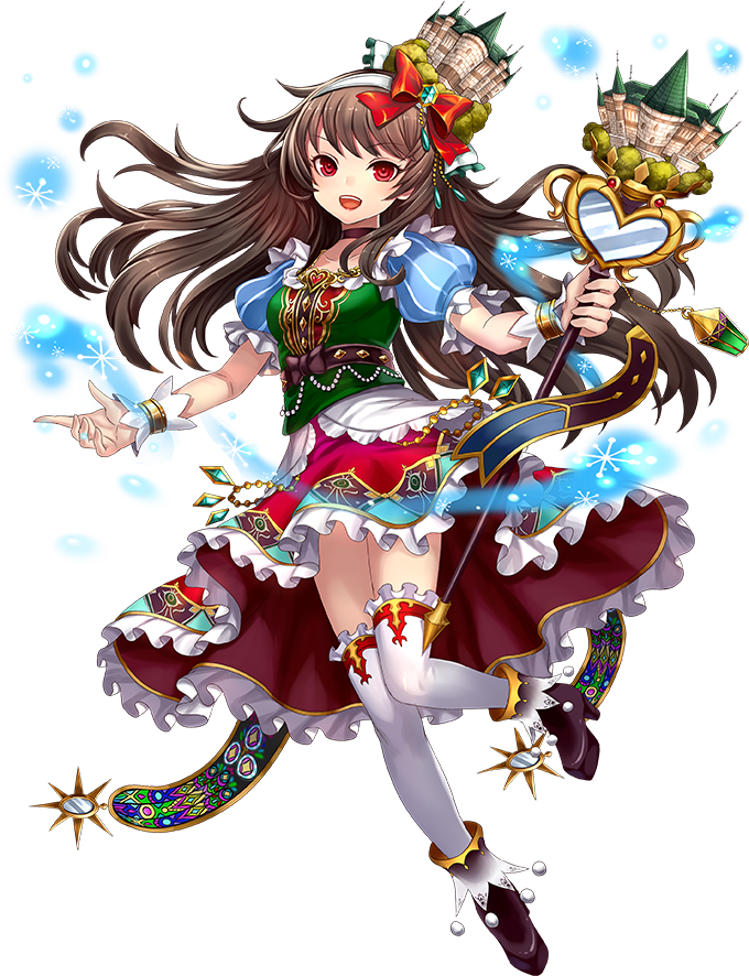:d alcazar_of_segovia_(oshiro_project) black_footwear brown_hair dress food frilled_dress frilled_skirt frills fruit full_body hair_ornament hair_ribbon holding holding_staff long_hair looking_at_viewer o-satomi official_art open_mouth oshiro_project oshiro_project_re red_eyes ribbon skirt smile solo staff transparent_background white_legwear