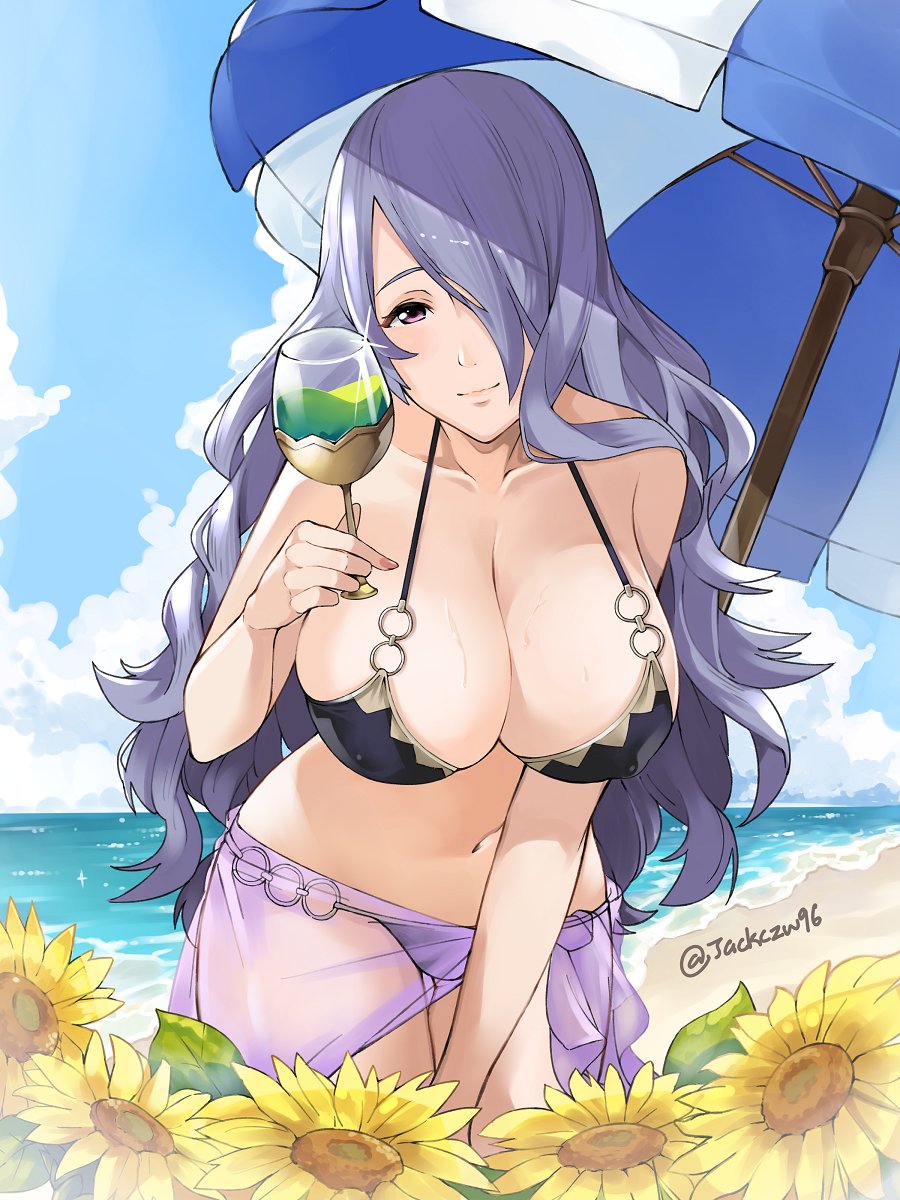 beach bikini breasts camilla_(fire_emblem_if) cleavage day fire_emblem fire_emblem_heroes fire_emblem_if hair_over_one_eye highres j@ck large_breasts lips long_hair looking_at_viewer navel purple_eyes purple_hair simple_background smile solo swimsuit very_long_hair wavy_hair