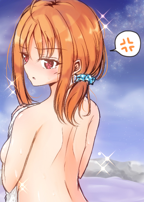 10s 1girl alternate_hairstyle anger_vein angry back backboob bare_back breasts eyebrows_visible_through_hair looking_at_viewer love_live! love_live!_sunshine!! medium_breasts night night_sky nude outdoors parted_lips partially_submerged pink_eyes ponytail raikahnum rock short_hair sky solo sparkle spoken_anger_vein standing star_(sky) starry_sky takami_chika towel upper_body water wet