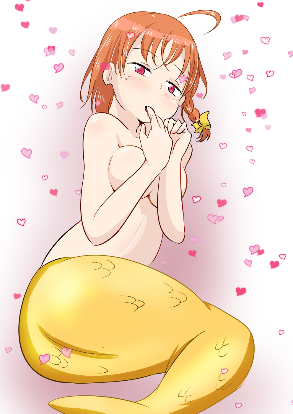 10s 1girl ahoge ass blush braid breasts covering covering_breasts eyebrows_visible_through_hair finger_in_mouth fuibu heart looking_at_viewer love_live! love_live!_sunshine!! medium_breasts mermaid monster_girl orange_hair pink_eyes saliva scales short_hair solo takami_chika topless