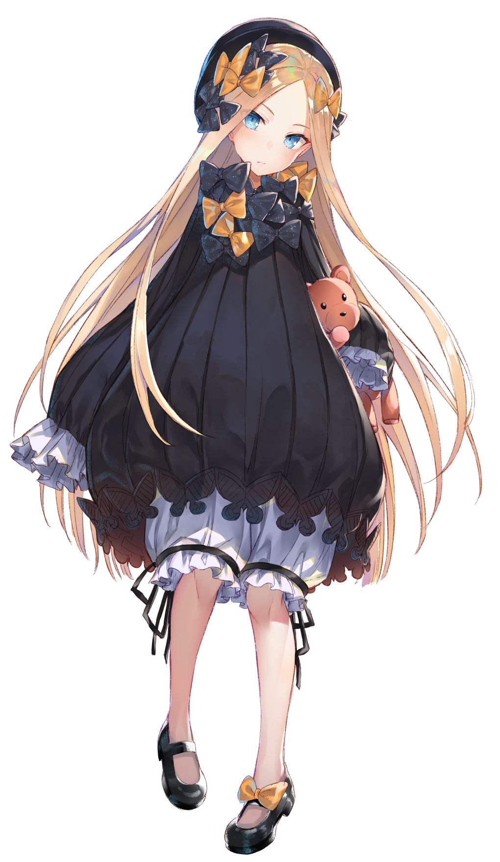 abigail_williams_(fate/grand_order) bangs black_bow black_dress black_footwear black_hat blonde_hair bloomers blue_eyes blush bow closed_mouth dress fate/grand_order fate_(series) full_body hair_bow hakuishi_aoi hat highres lips long_hair long_sleeves looking_at_viewer orange_bow parted_bangs polka_dot polka_dot_bow simple_background sleeves_past_fingers sleeves_past_wrists solo stuffed_animal stuffed_toy teddy_bear underwear very_long_hair white_background