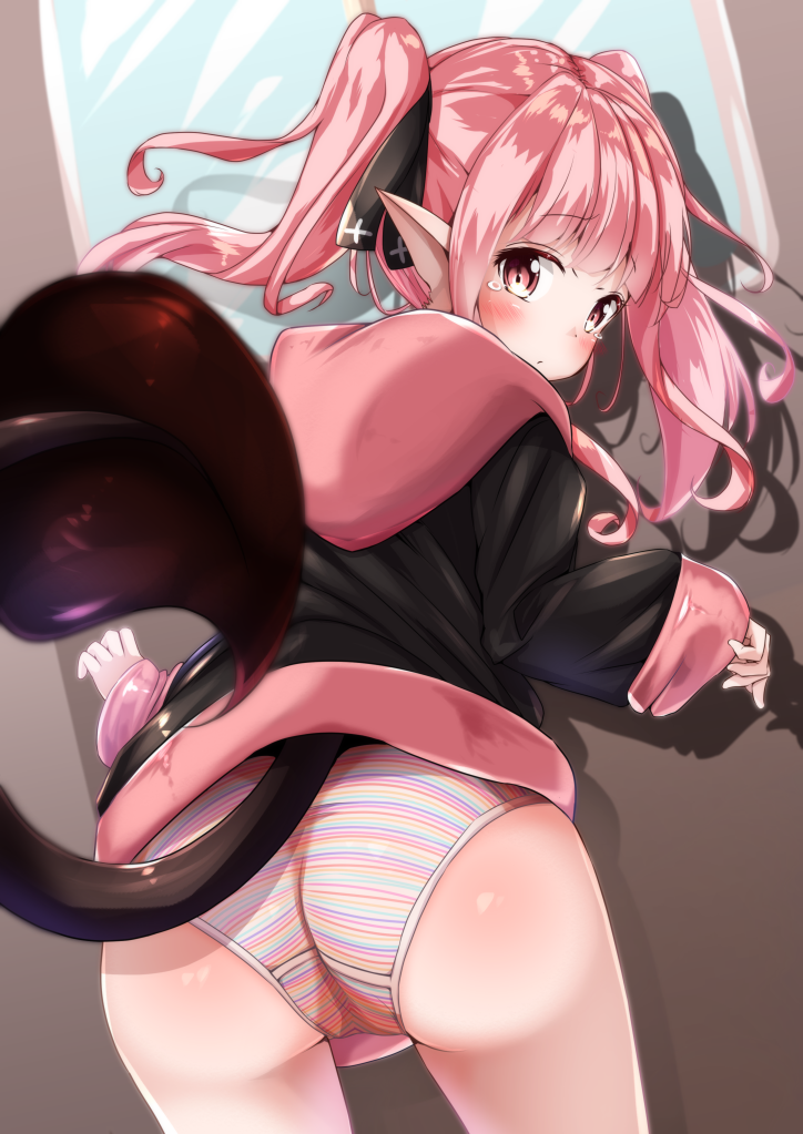 ass bangs black_hoodie blush closed_mouth commentary_request demon_girl demon_tail eyebrows_visible_through_hair hood hood_down hoodie leaning_forward long_hair long_sleeves looking_at_viewer looking_back mochiyuki multicolored multicolored_stripes original panties pink_hair pointy_ears red_eyes sleeves_past_wrists solo standing striped striped_panties succubus tail twintails underwear window