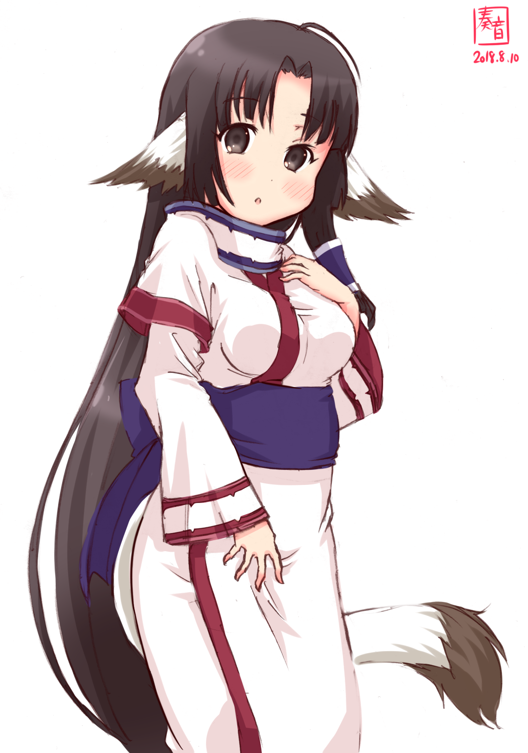 ahoge ainu_clothes alternate_costume animal_ears artist_logo black_hair brown_eyes commentary_request cosplay cowboy_shot dated dog_ears dog_tail eruruw eruruw_(cosplay) highres kanon_(kurogane_knights) kantai_collection layered_sleeves long_hair long_sleeves looking_at_viewer shouhou_(kantai_collection) simple_background solo tail trait_connection utawareru_mono white_background