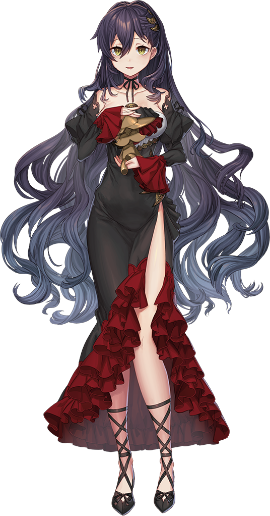 bare_shoulders black_dress black_footwear breasts cleavage collarbone detached_sleeves dress full_body hair_between_eyes hair_ornament high_heels large_breasts long_hair looking_at_viewer official_art oshiro_project oshiro_project_re purple_hair smile solo toledo_(oshiro_project) transparent_background very_long_hair wavy_hair yellow_eyes yu-ri