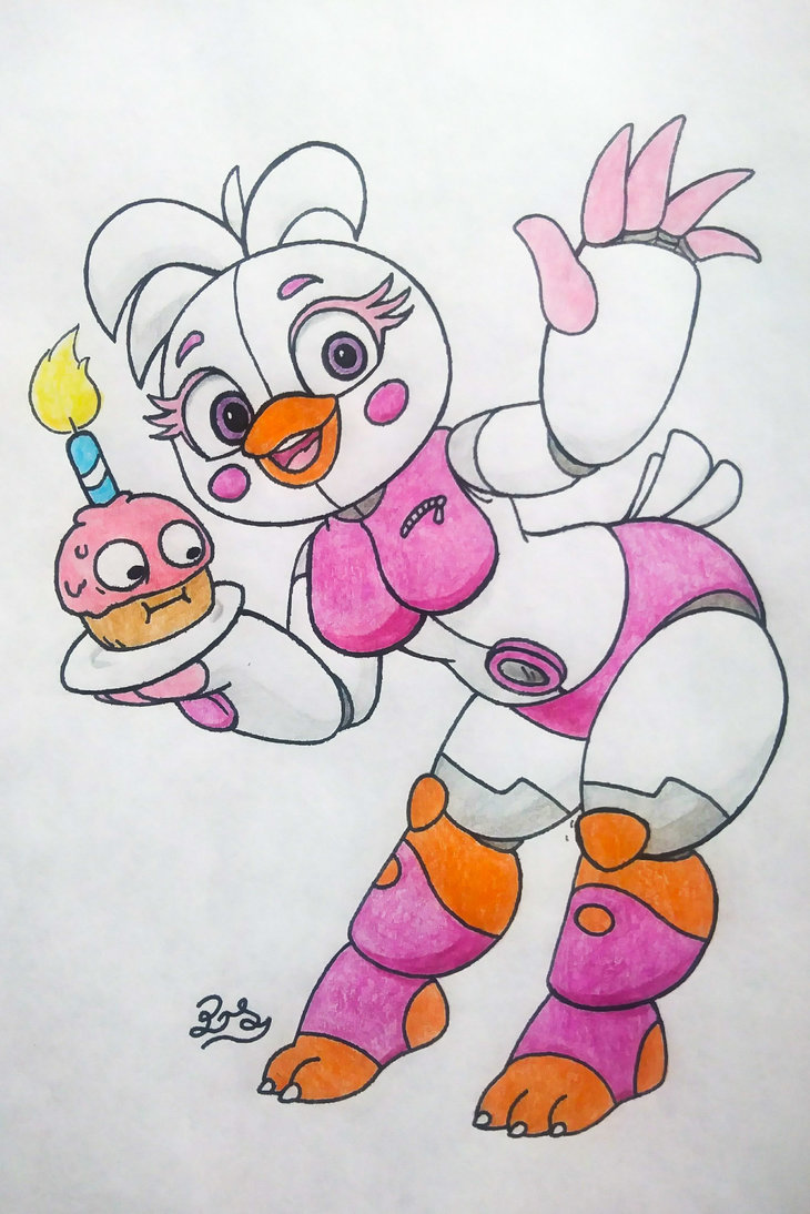 anthro avian big_eyes bird blush chicken clothing female five_nights_at_freddy's freddy_fazbear's_pizzeria_simulator funtime_chica_(fnaf) pillothestar pose slightly_chubby smile thick_thighs ultimate_custom_night video_games wide_hips