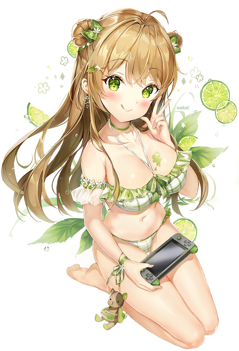 ahoge artist_name bangs bare_legs bare_shoulders barefoot bikini blush bow breasts brown_hair choker cleavage collarbone commentary_request double_bun eyebrows_visible_through_hair food frilled_bikini frills fruit full_body girls_frontline green_eyes hair_between_eyes hair_bow hand_up handheld_game_console head_tilt holding_handheld_game_console innertube lime_(fruit) long_hair looking_at_viewer medium_breasts narae navel paint_on_body paint_splatter plaid plaid_bikini rfb_(girls_frontline) ribbon see-through seiza side_bun sidelocks sitting smile solo stomach stuffed_animal stuffed_toy swimsuit teddy_bear thighs transparent very_long_hair w white_background white_bikini wrist_ribbon