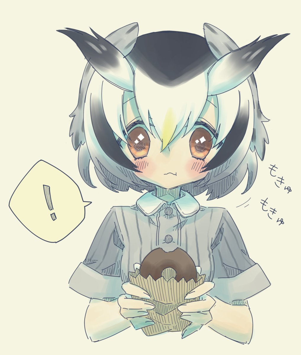 1girl alternate_costume bird_wings blonde_hair blush brown_eyes collared_shirt commentary_request doughnut eating food grey_hair head_wings highres kemono_friends multicolored_hair northern_white-faced_owl_(kemono_friends) owl_ears petit_ramune shirt short_hair short_sleeves sparkling_eyes spoken_exclamation_mark translated upper_body white_hair wings