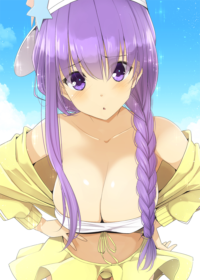 :o bare_shoulders bb_(fate)_(all) bb_(swimsuit_mooncancer)_(fate) bikini braid breasts cleavage commentary_request day eyebrows_visible_through_hair fate/grand_order fate_(series) hand_on_hip hanging_breasts hat kurikara large_breasts lavender_eyes lavender_hair leaning_forward long_hair looking_at_viewer off_shoulder side_braid sky solo swimsuit upper_body very_long_hair white_bikini_top