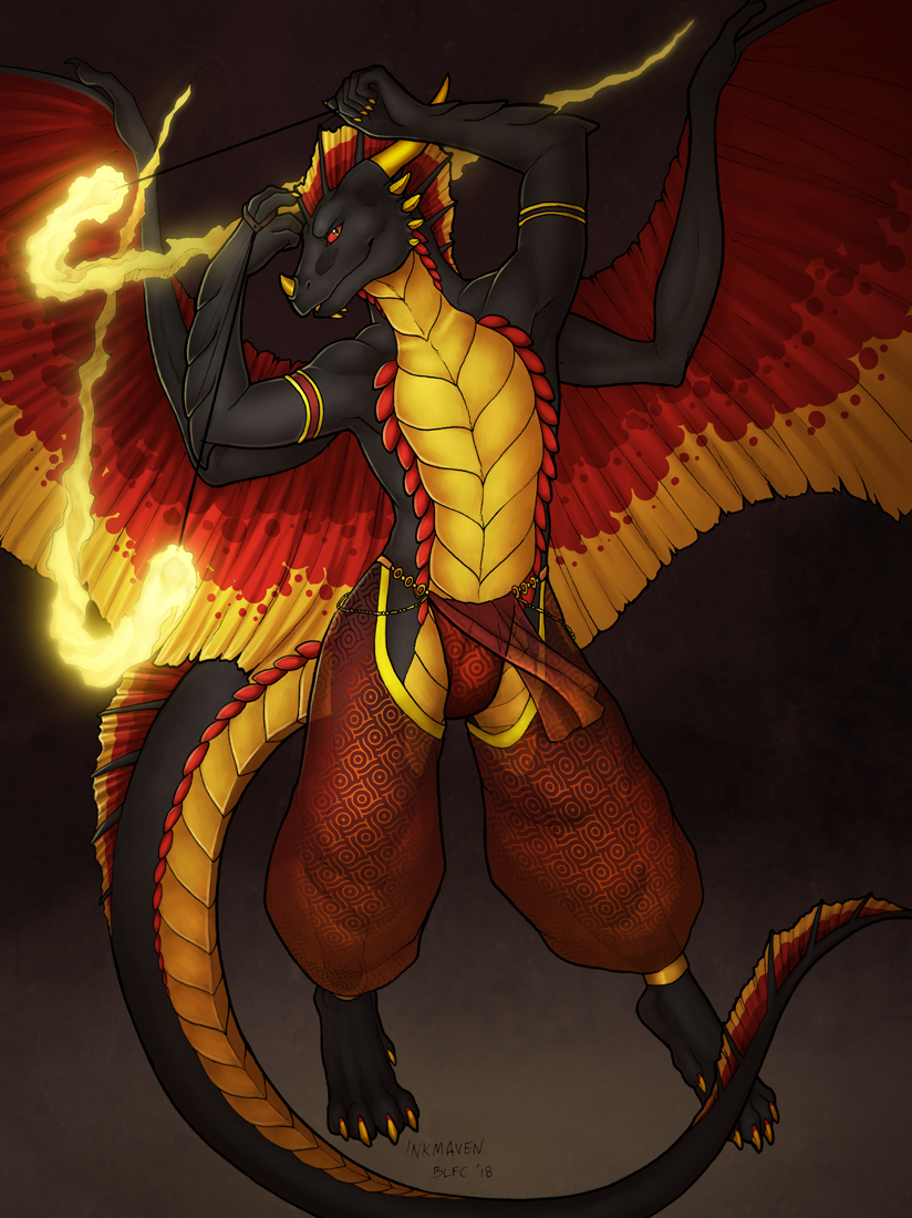 2018 4_toes 5_fingers anthro barefoot bulge clothing digital_media_(artwork) dragon feathered_dragon feathers fire hair inkmaven looking_at_viewer male red_hair solo toes