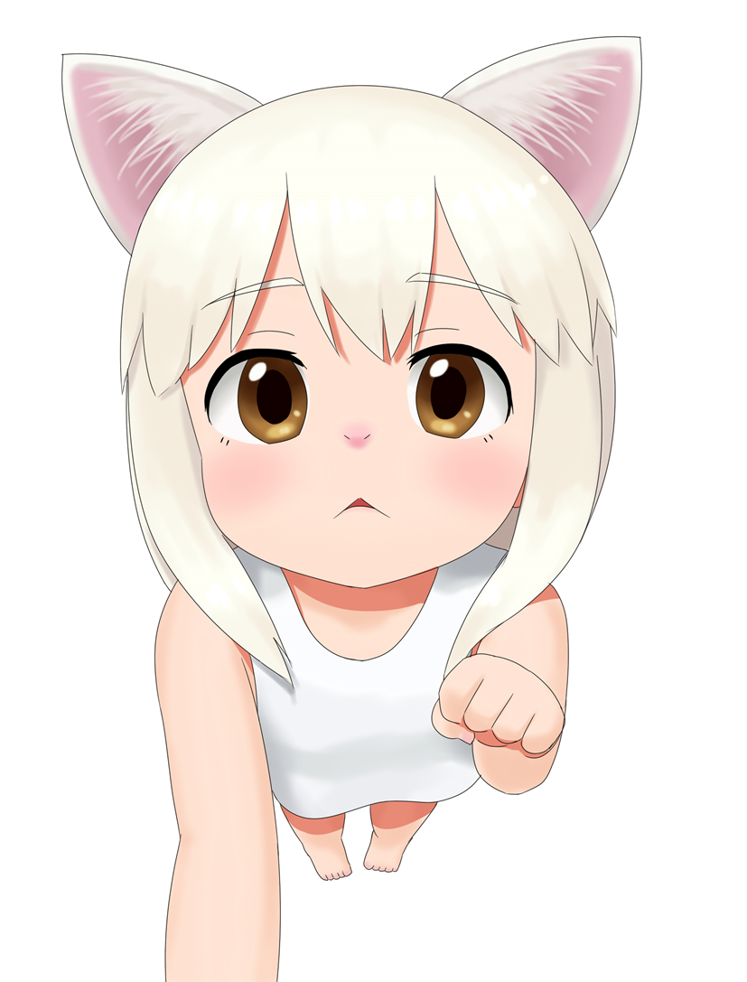 2017 amber_eyes animal_humanoid barefoot blonde_hair cat_humanoid child clothed clothing dress feline female hair humanoid looking_at_viewer mammal mitokon_dorian simple_background solo white_background young