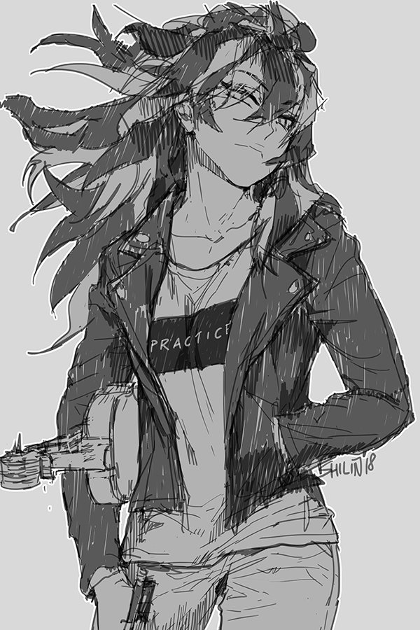alternate_costume alternate_universe blackbird carciphona commentary denim english eyebrows_visible_through_hair eyes_visible_through_hair instrument jacket jeans long_hair looking_at_viewer monochrome multicolored_hair pants shilin shirt sketch solo two-tone_hair violin