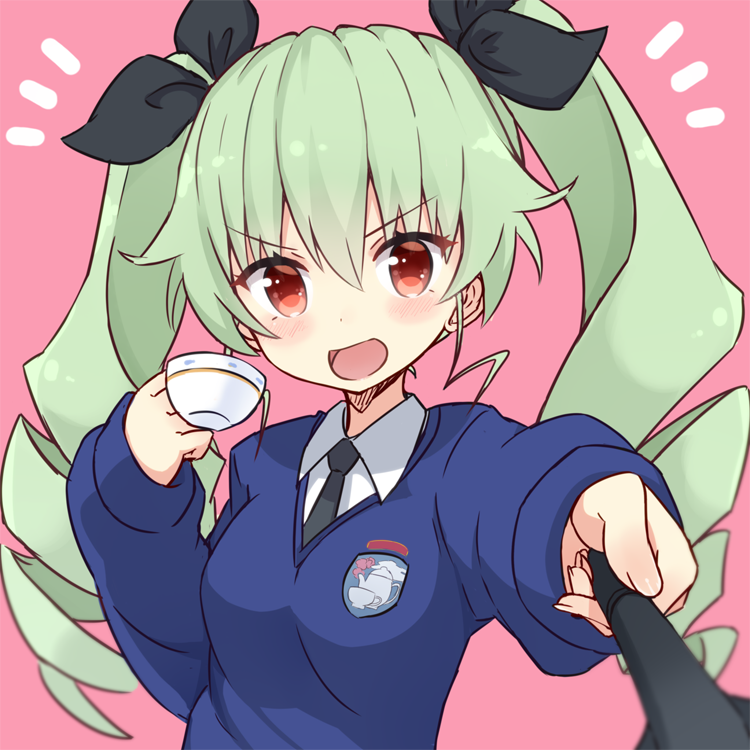 :d anchovy bangs black_neckwear black_ribbon blue_sweater blurry blurry_foreground commentary cup depth_of_field dress_shirt drill_hair emblem foreshortening girls_und_panzer green_hair hair_ribbon holding holding_cup long_hair long_sleeves looking_at_viewer necktie notice_lines open_mouth pink_background red_eyes ribbon riding_crop school_uniform shirt shuuichi_(gothics) simple_background smile solo st._gloriana's_(emblem) st._gloriana's_school_uniform standing sweater teacup twin_drills twintails upper_body v-neck v-shaped_eyebrows white_shirt wing_collar