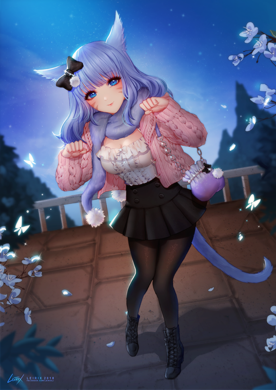 animal_ears black_legwear blue_eyes bow breasts bug butterfly cardigan cat_ears cat_tail cleavage commission eyebrows_visible_through_hair final_fantasy final_fantasy_xiv flower hair_bow insect large_breasts leirix long_hair looking_at_viewer miqo'te open_cardigan open_clothes outdoors pantyhose paw_pose petals purple_hair scarf skirt smile solo standing tail