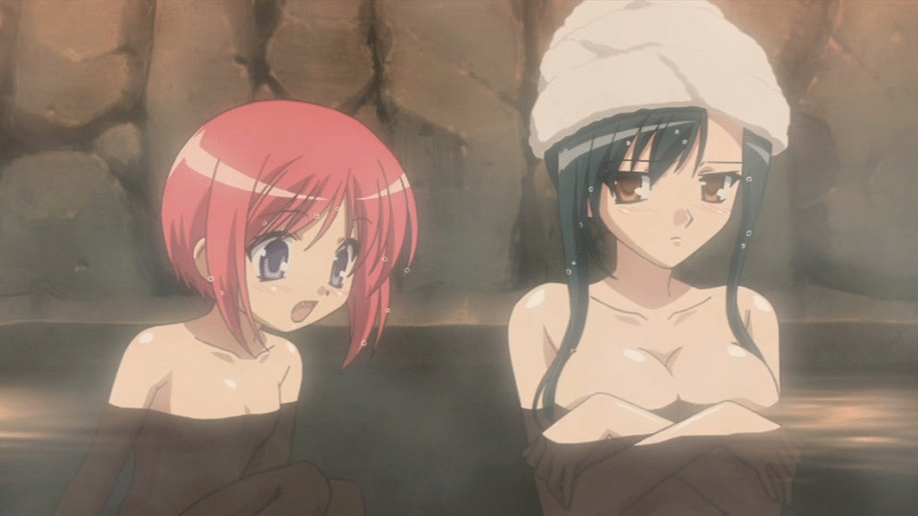 2girl animated animated_gif black_hair breasts chouhi covering covering_breasts kan'u koihime_musou long_hair multiple_girls nude red_hair short_hair water wet
