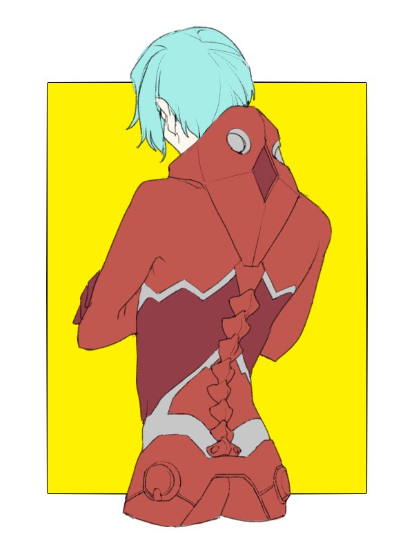 1boy back bodysuit cropped_legs crossed_arms darling_in_the_franxx from_behind male_focus nine_beta outside_border pilot_suit simple_background solo yellow_background
