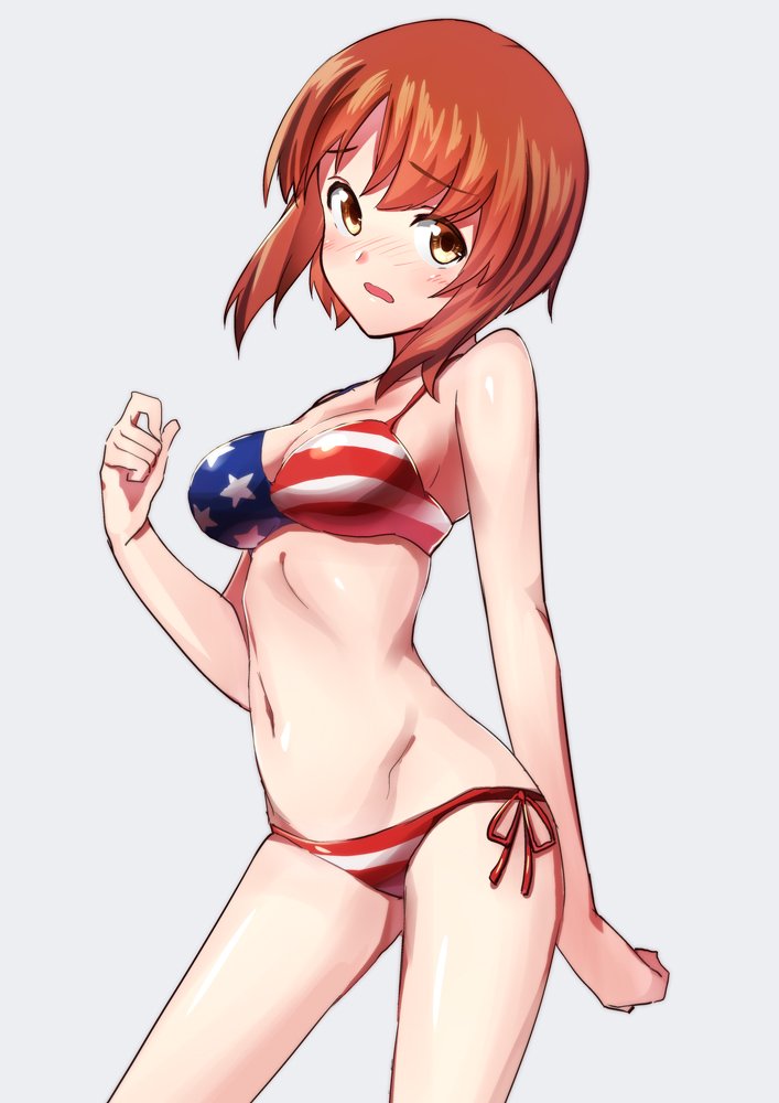 american_flag_bikini arm_behind_back bangs bikini blush breasts brown_eyes brown_hair cleavage commentary cowboy_shot embarrassed eyebrows_visible_through_hair flag_print frown girls_und_panzer looking_at_viewer medium_breasts navel nishizumi_miho open_mouth shigekiman short_hair side-tie_bikini simple_background solo standing swimsuit