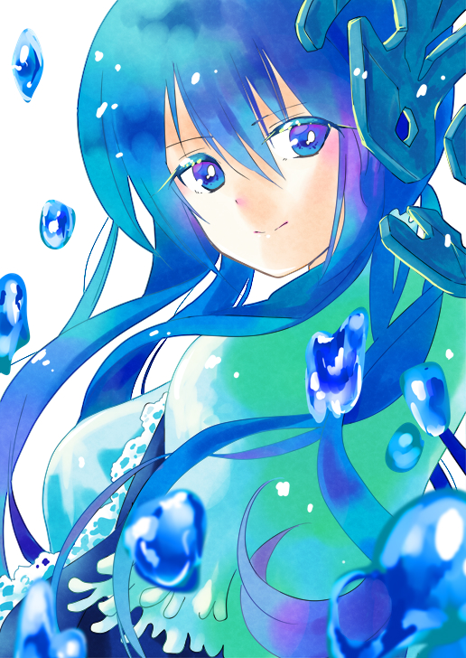 bangs blue_cape blue_eyes blue_hair blush breasts bubble cape hair_between_eyes head_tilt houshin_engi large_breasts long_hair looking_at_viewer looking_back niinarumi ryuukitsu_koushu simple_background smile solo water white_background