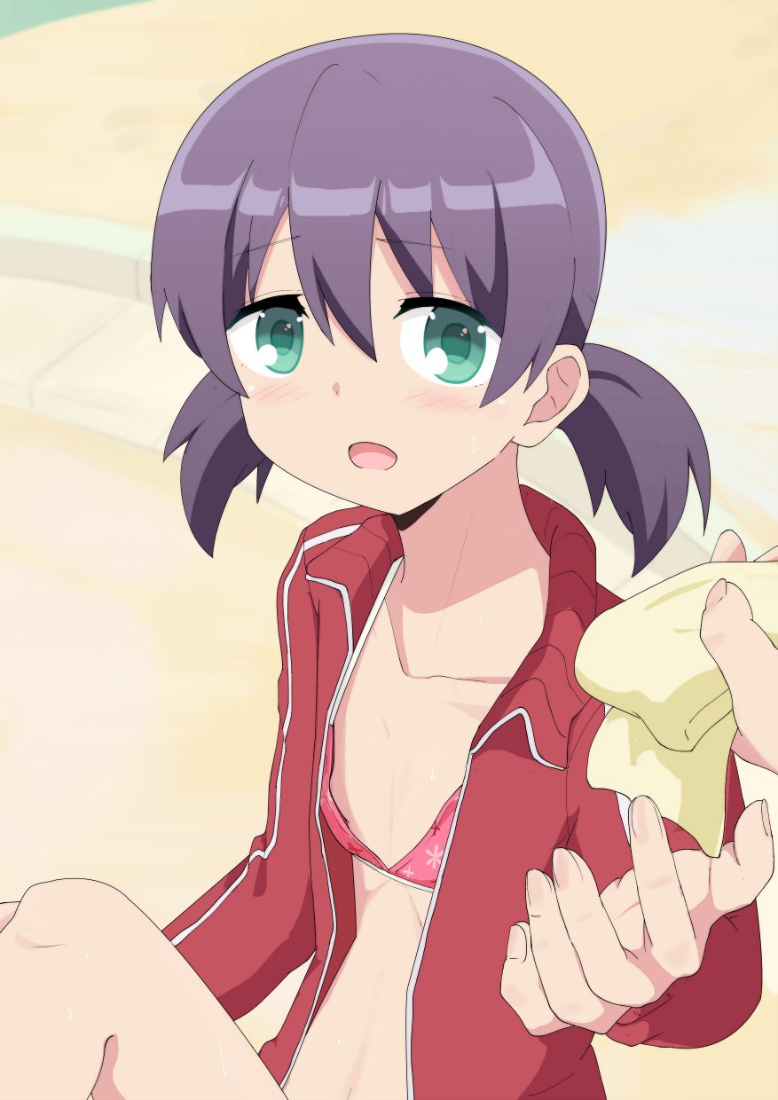 1girl areola_slip areolae bikini blush breasts character_request downblouse eyebrows_visible_through_hair gobanme_no_mayoi_neko green_eyes harukana_receive holding looking_at_viewer navel open_clothes open_mouth outdoors purple_hair sitting small_breasts solo_focus sweat swimsuit twintails unzipped