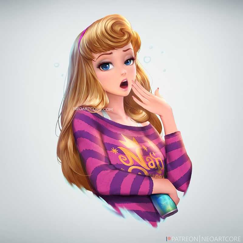 aurora_(disney) blonde_hair blush curly_hair grey_background hand_to_own_mouth long_hair looking_at_viewer nudtawut_thongmai open_mouth simple_background sleeping_beauty sleepy solo striped striped_sweater sweater yawning