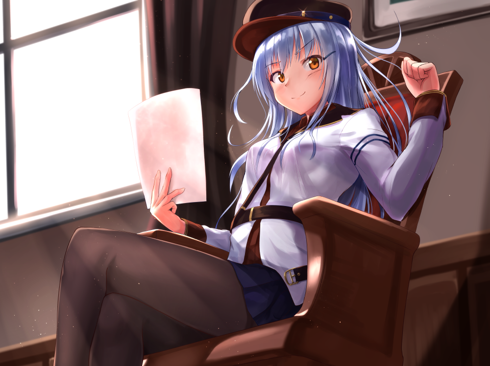 akabane_hibame alternate_hair_color armchair belt blue_skirt breasts brown_legwear chair closed_mouth commentary_request crossed_legs facial_scar gangut_(kantai_collection) hair_ornament hairclip hands_up hat holding holding_paper indoors jacket kantai_collection long_hair long_sleeves looking_at_viewer medium_breasts military military_jacket military_uniform miniskirt orange_eyes pantyhose paper peaked_cap pleated_skirt red_shirt scar scar_on_cheek shirt silver_hair sitting skirt smile solo uniform very_long_hair white_jacket window
