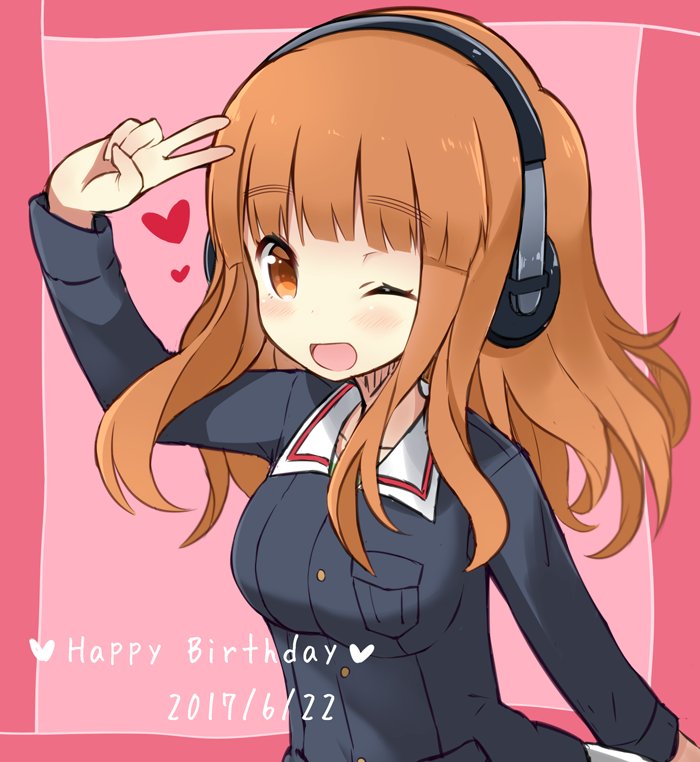 ;d arm_behind_back bangs blue_jacket commentary dated english eyebrows_visible_through_hair girls_und_panzer happy_birthday headphones heart jacket long_hair long_sleeves looking_at_viewer military military_uniform one_eye_closed ooarai_military_uniform open_mouth orange_eyes orange_hair salute shuuichi_(gothics) smile solo standing takebe_saori two-finger_salute uniform upper_body v