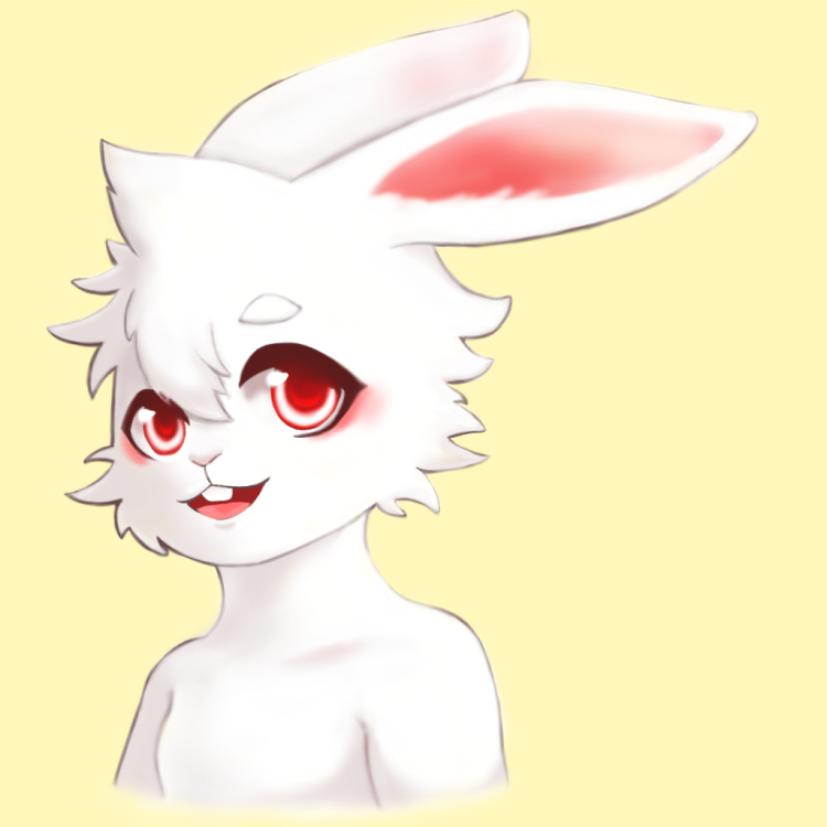 2018 ambiguous_gender anthro buckteeth fchicken fluffy fur lagomorph looking_at_viewer mammal open_mouth rabbit red_eyes simple_background smile solo teeth white_fur