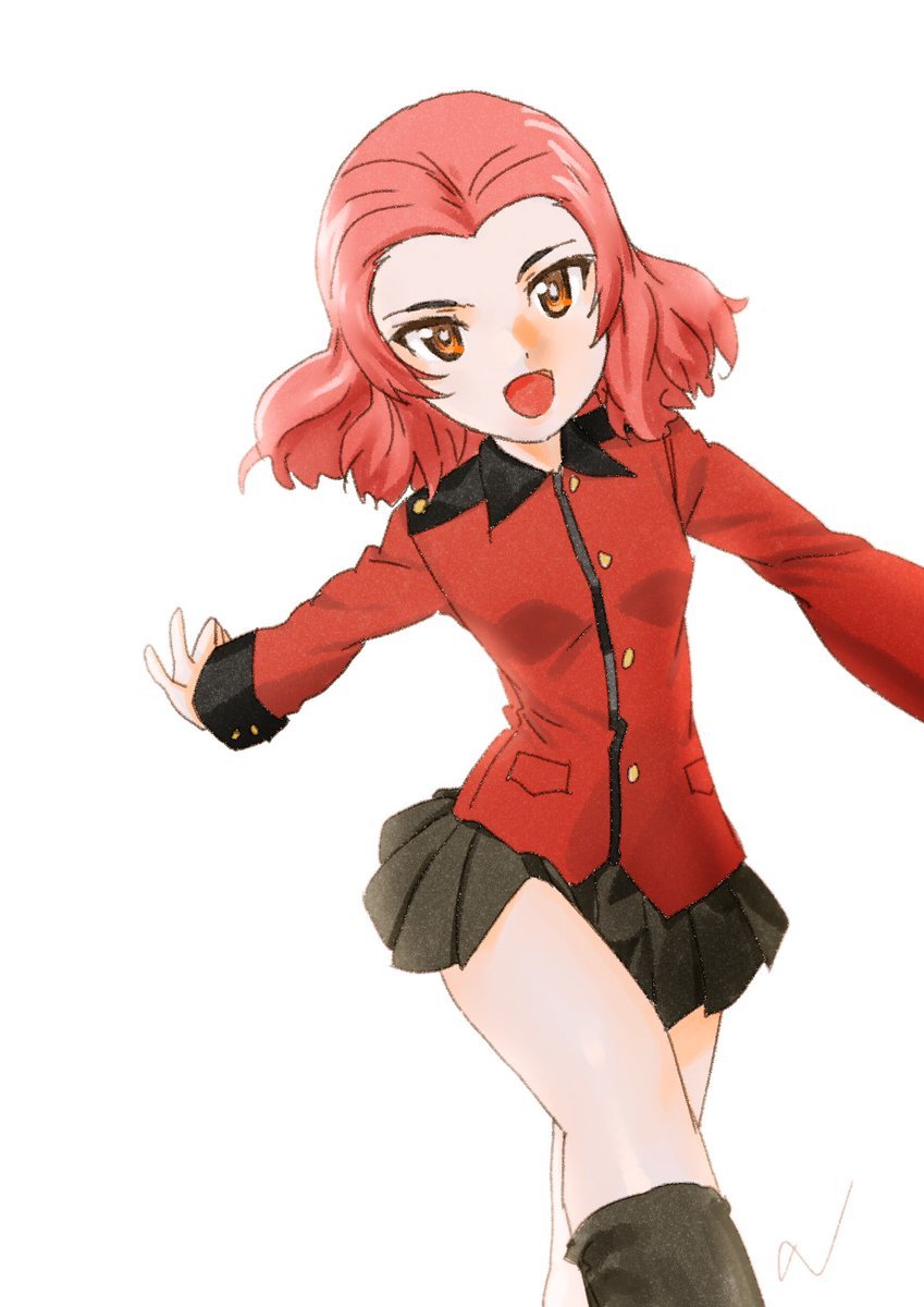artist_name bad_id bad_twitter_id black_footwear black_skirt boots brown_eyes commentary cwind epaulettes girls_und_panzer highres jacket long_sleeves looking_at_viewer military military_uniform miniskirt open_mouth outstretched_arms pleated_skirt red_jacket rosehip short_hair signature simple_background skirt smile solo spread_arms st._gloriana's_military_uniform standing uniform walking white_background