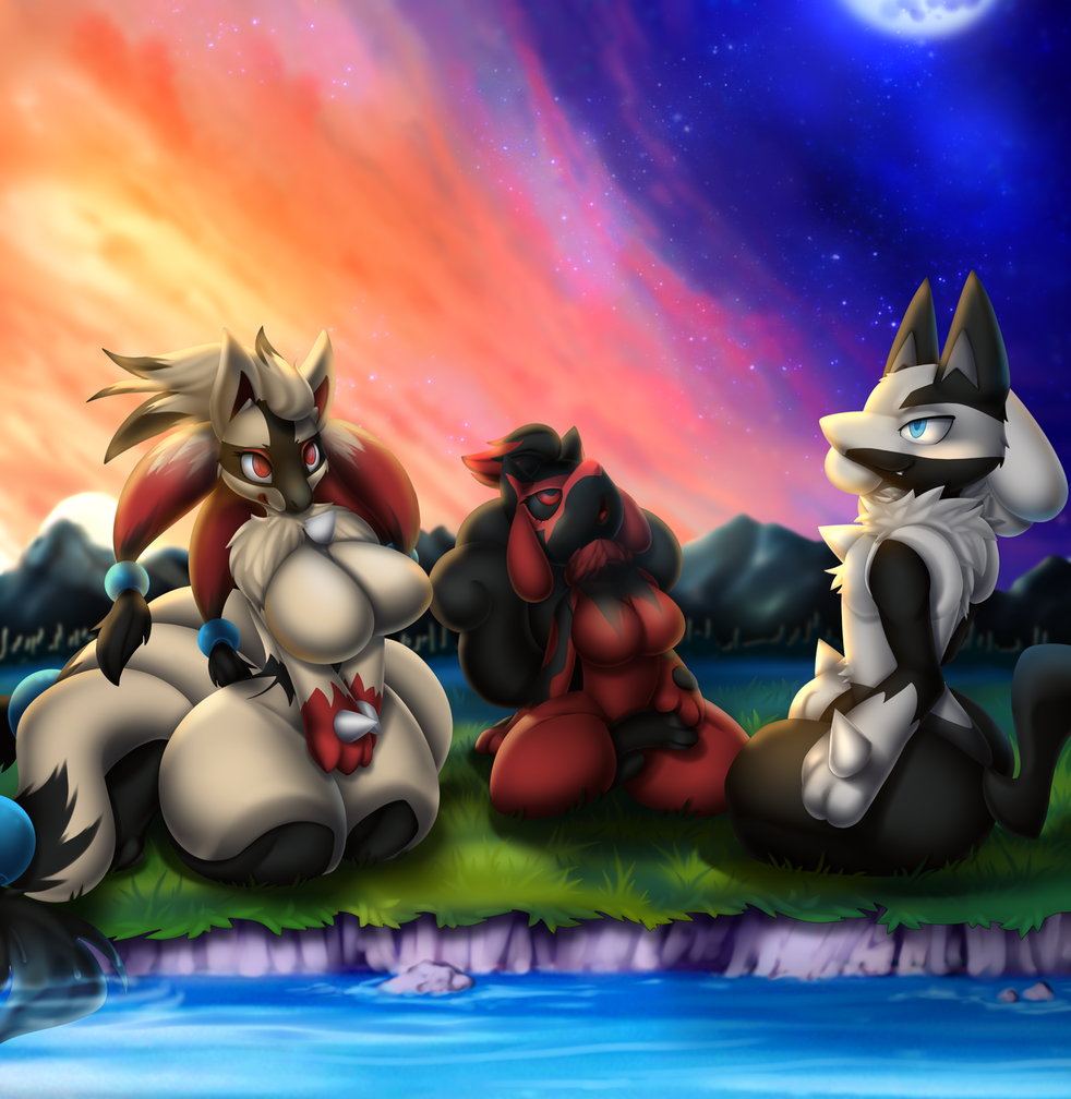 anthro big_breasts breasts canine cub daughter detailed_background family fan_character father female group hybrid lucario male mammal mother ninetales nintendo outside parent pok&eacute;mon pok&eacute;mon_(species) revous riolu video_games vulpix young zoroark