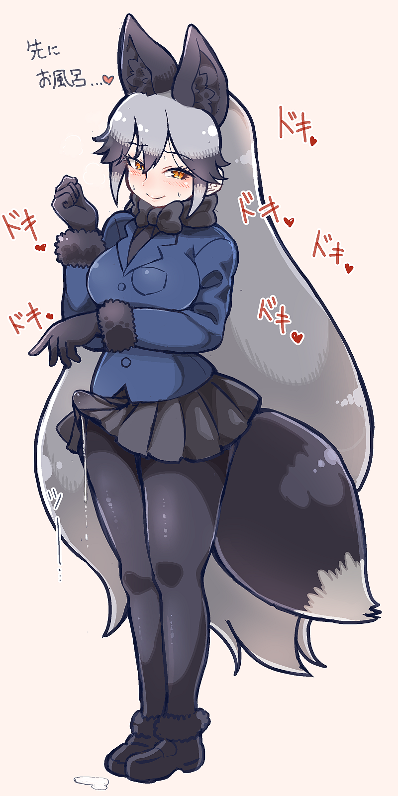 animal_ears black_footwear black_gloves black_legwear black_neckwear black_skirt blue_jacket blush bow bowtie breasts closed_mouth commentary_request erection erection_under_clothes fox_ears fox_tail fur_trim futanari gloves hair_between_eyes highres jacket kemono_friends large_breasts lips long_hair long_sleeves looking_at_viewer multicolored_hair necktie orange_eyes pantyhose penis pleated_skirt precum silver_fox_(kemono_friends) silver_hair simple_background skirt smile solo standing tail tanaka_kusao translated very_long_hair