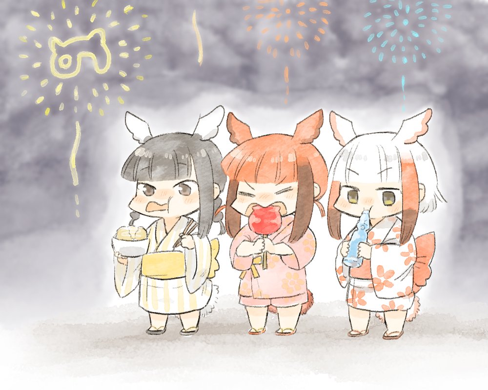 alternate_costume back_bow bangs bird_tail bird_wings black-headed_ibis_(kemono_friends) black_hair blush bow candy_apple child chopsticks closed_eyes commentary_request eyebrows_visible_through_hair fireworks food head_wings japanese_clothes japanese_crested_ibis_(kemono_friends) japari_symbol kemono_friends kimono moeki_(moeki0329) multicolored_hair multiple_girls nose_blush open_mouth patterned_clothing red_hair sandals scarlet_ibis_(kemono_friends) short_hair sidelocks twintails v-shaped_eyebrows white_hair wings yukata