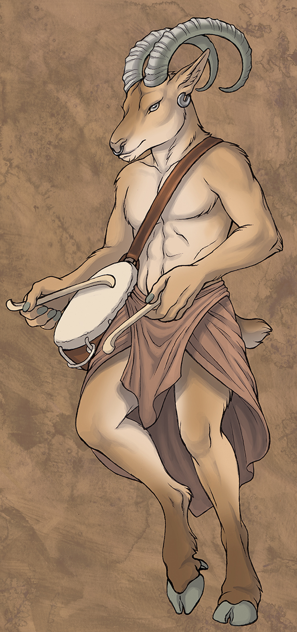 2018 5_fingers abs anthro caprine clothed clothing curved_horn digital_media_(artwork) ear_piercing fur goat holding_object hooves horn male mammal piercing rukis simple_background solo standing tan_fur