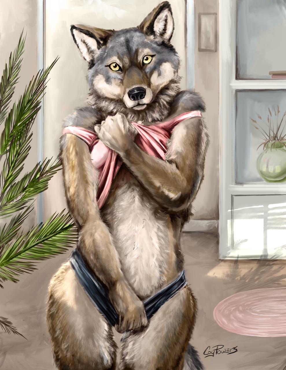 2018 anthro brown_body brown_fur canine clothed clothing clothing_lift coypowers day digital_media_(artwork) female front_view fully_clothed fur grey_body grey_fur hi_res looking_at_viewer mammal midriff multicolored_body multicolored_fur off_shoulder partially_clothed plant shirt shirt_lift solo standing wolf