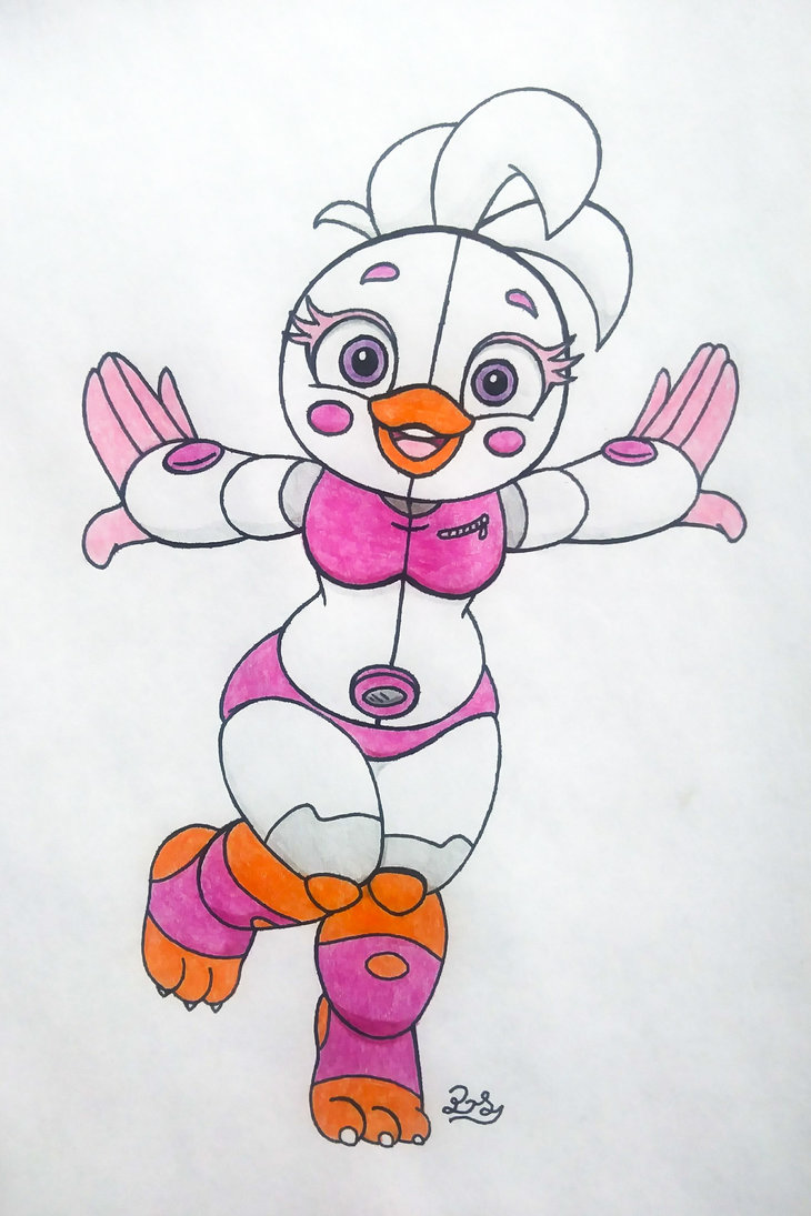 anthro avian big_eyes bird blush chicken clothing female five_nights_at_freddy's freddy_fazbear's_pizzeria_simulator funtime_chica_(fnaf) pillothestar pose slightly_chubby smile thick_thighs ultimate_custom_night video_games wide_hips