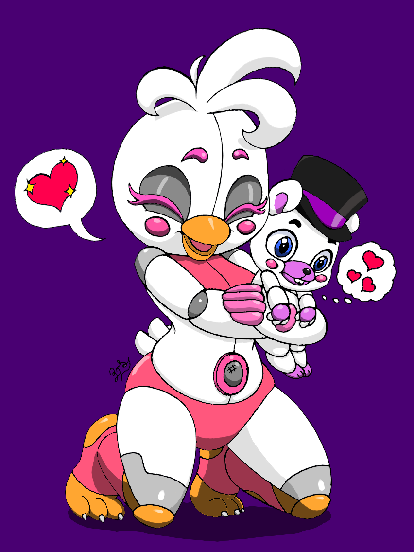 &lt;3 anthro avian bear big_eyes bird blue_eyes blush chicken clothing duo eyes_closed female five_nights_at_freddy's freddy_fazbear's_pizzeria_simulator funtime_chica_(fnaf) helpy_(fnaf) hug male mammal pictographics pillothestar size_difference slightly_chubby smile speech_bubble thick_thighs thought_bubble ultimate_custom_night video_games wide_hips