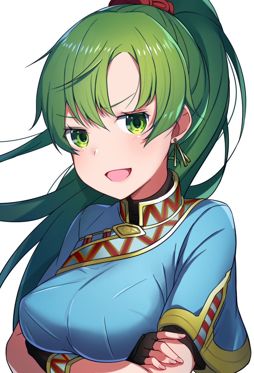 arms_under_breasts black_gloves breasts check_commentary commentary commentary_request crossed_arms earrings fingerless_gloves fire_emblem fire_emblem:_rekka_no_ken gloves green_eyes green_hair highres jewelry long_hair lyndis_(fire_emblem) medium_breasts open_mouth ponytail ringozaka_mariko short_sleeves simple_background solo white_background