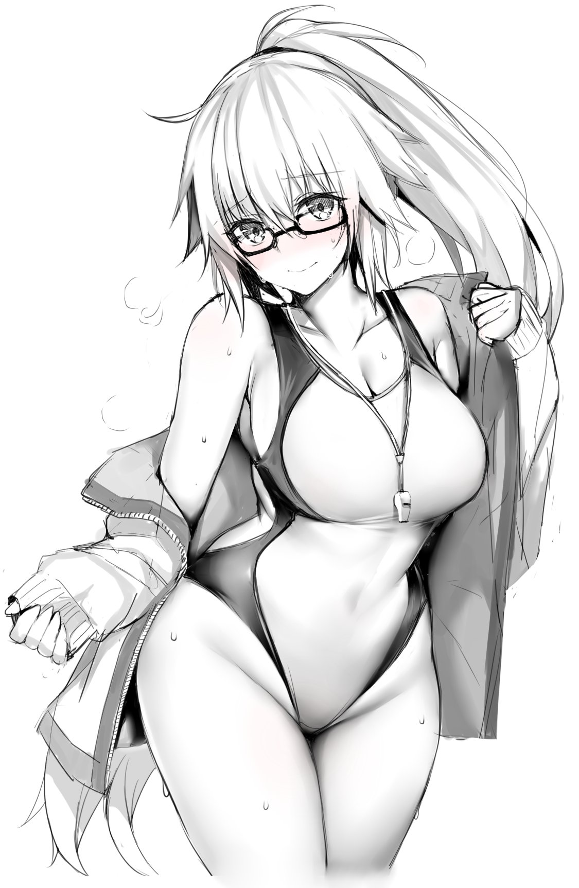 bad_id bad_twitter_id bespectacled blue_gk breasts cleavage competition_swimsuit cowboy_shot embarrassed fate/grand_order fate_(series) glasses greyscale highres inactive_account jacket jeanne_d'arc_(fate)_(all) jeanne_d'arc_(swimsuit_archer) large_breasts long_hair monochrome one-piece_swimsuit open_clothes open_jacket sleeves_past_wrists solo swimsuit whistle whistle_around_neck