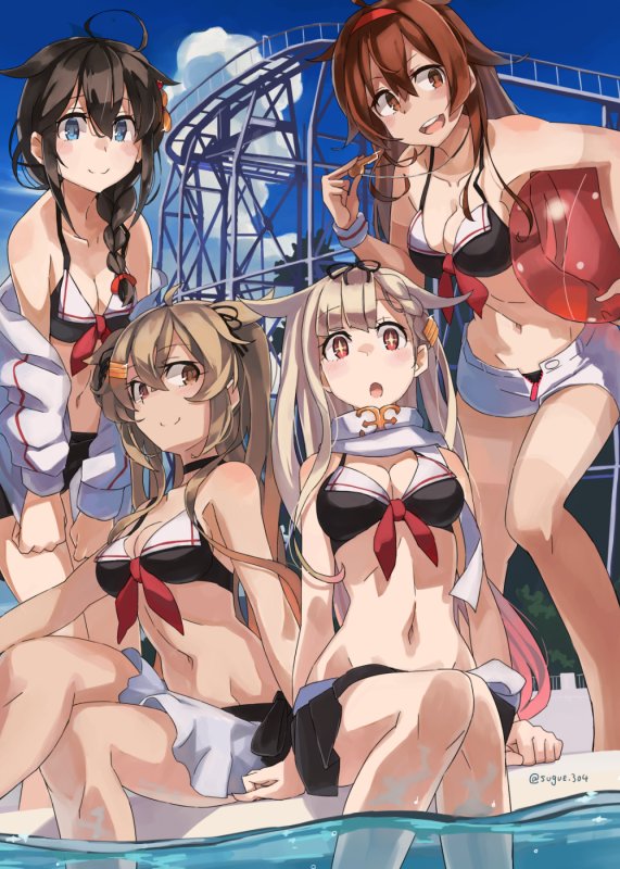 4girls :d ahoge alternate_costume ball bangs beachball bikini bikini_bottom bikini_skirt bikini_top black_choker black_ribbon blonde_hair blue_eyes blush bow braid breasts brown_eyes brown_hair choker cleavage cloud collarbone commentary crossed_bangs crossed_legs day eyebrows_visible_through_hair hair_between_eyes hair_bow hair_flaps hair_ornament hair_over_shoulder hair_ribbon hairclip heterochromia holding holding_whistle jacket kantai_collection leaning_forward long_hair looking_to_the_side multicolored_hair multiple_girls murasame_(kantai_collection) navel off_shoulder open_mouth outdoors pink_hair red_eyes remodel_(kantai_collection) ribbon round_teeth sailor_bikini sailor_collar scarf shigure_(kantai_collection) shiratsuyu_(kantai_collection) short_shorts shorts shoulder_blush single_braid sitting smile soaking_feet sparkling_eyes standing sugue_tettou swimsuit tan tanline teeth twitter_username two_side_up water waterpark whistle whistle_around_neck white_scarf white_shorts wristband yuudachi_(kantai_collection)