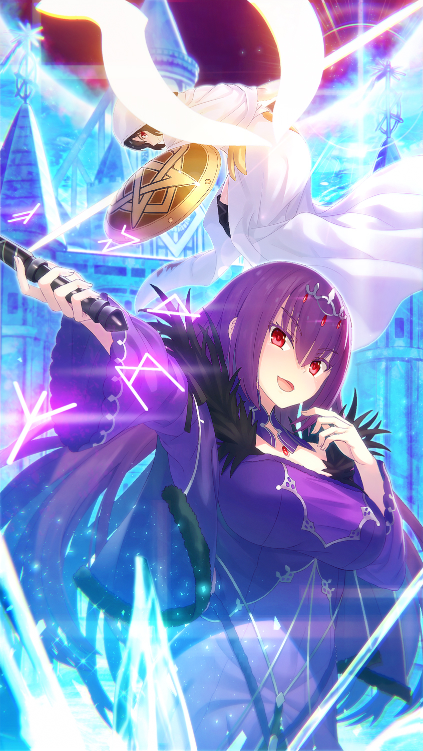 :d bangs blush breasts brown_hair capelet castle dress eyebrows_visible_through_hair fate/grand_order fate_(series) feather_trim fingernails glowing glowing_wings hair_between_eyes hands_up headpiece highres holding holding_shield holding_wand hood hood_up kaina_(tsubasakuronikuru) large_breasts long_hair long_sleeves multiple_girls open_mouth ortlinde_(fate/grand_order) outstretched_arm purple_dress purple_hair red_eyes robe scathach_(fate)_(all) scathach_skadi_(fate/grand_order) shield smile valkyrie_(fate/grand_order) very_long_hair wand white_capelet white_robe wide_sleeves wings