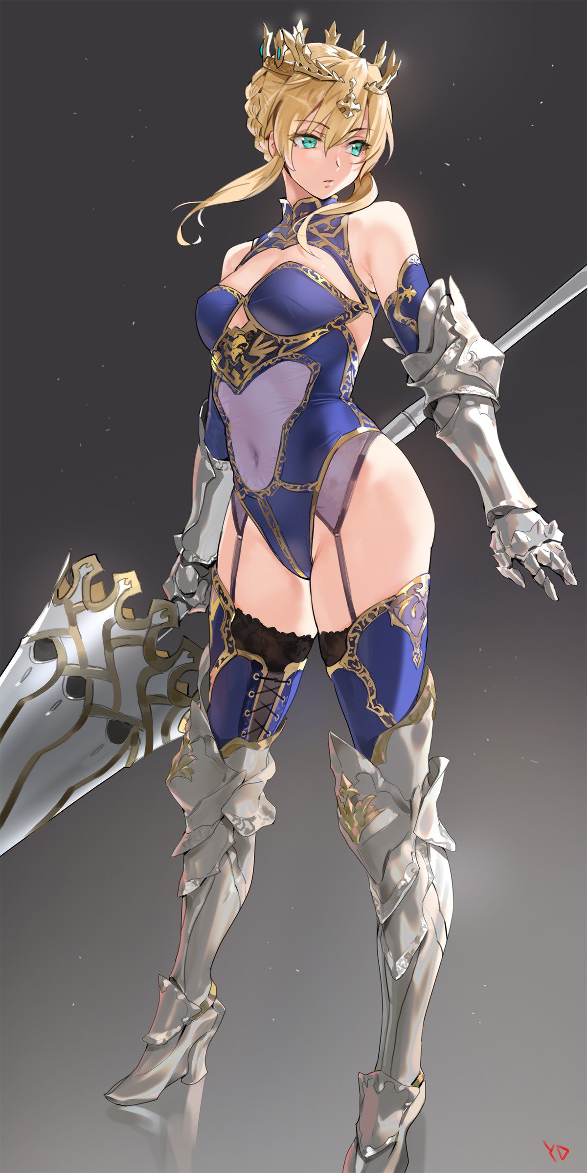 ahoge armored_boots artoria_pendragon_(all) artoria_pendragon_(lancer) bangs bare_shoulders blonde_hair blue_legwear blue_leotard boots braid breasts commentary_request covered_navel cross-laced_legwear crown fate/grand_order fate_(series) french_braid garter_straps gauntlets gold_trim gradient gradient_background green_eyes hair_between_eyes highres hips knee_boots lance leotard looking_to_the_side medium_breasts parted_lips polearm rhongomyniad sidelocks solo thighhighs thighs weapon yang-do