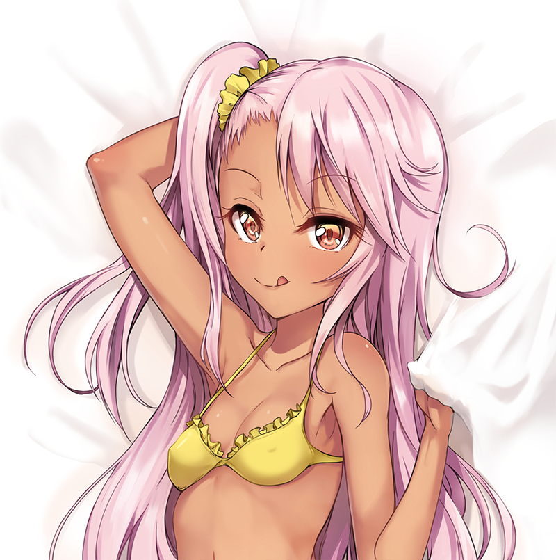 :q arm_behind_head bed_sheet breasts chloe_von_einzbern covered_nipples dakimakura dark_skin eyebrows_visible_through_hair fate/kaleid_liner_prisma_illya fate_(series) hair_ornament hair_scrunchie long_hair looking_at_viewer lying nakatokung on_back one_side_up orange_eyes pink_hair scrunchie sheet_grab small_breasts smile solo tongue tongue_out upper_body yellow_scrunchie